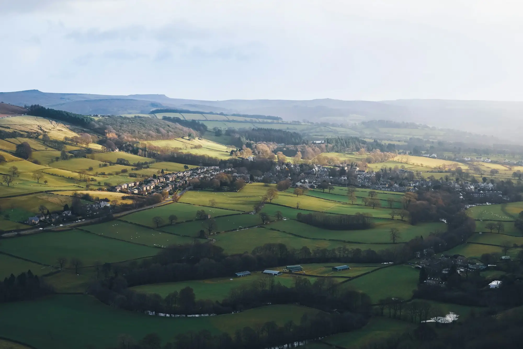Aerial drone view of farmland near Stroud