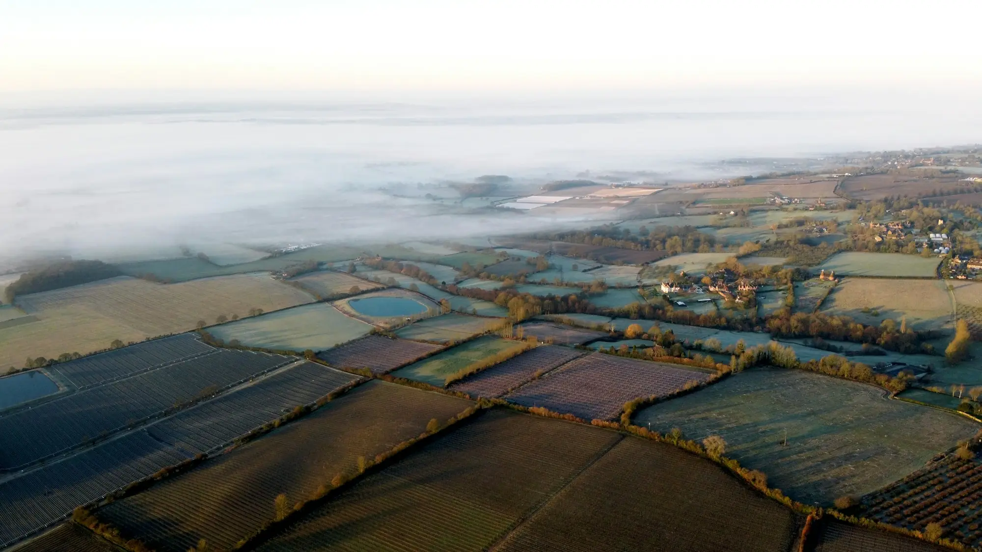 Aerial drone view of farmland near Tewkesbury