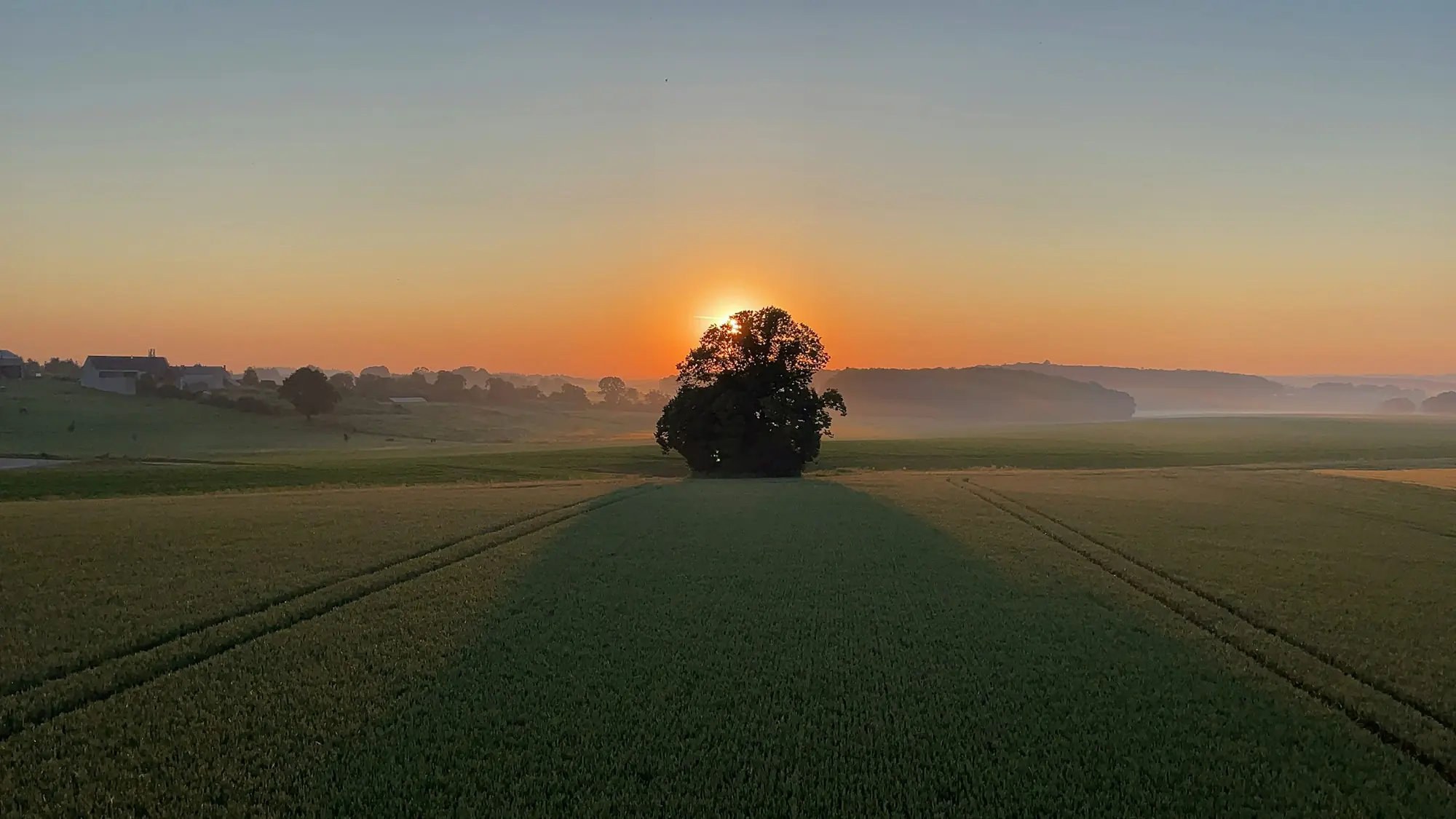Sunrise over Gloucestershire farmland from the air