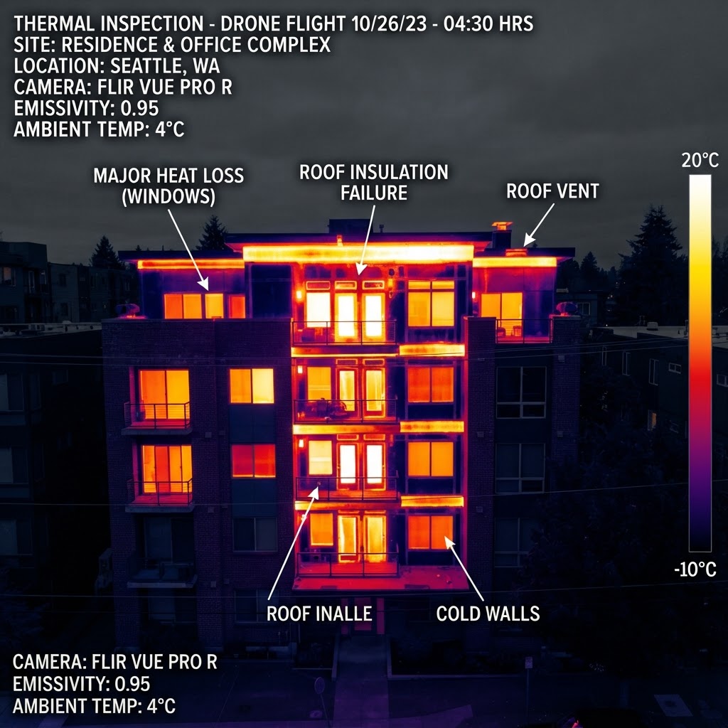 Thermal building inspection — infrared drone imagery showing heat loss and moisture